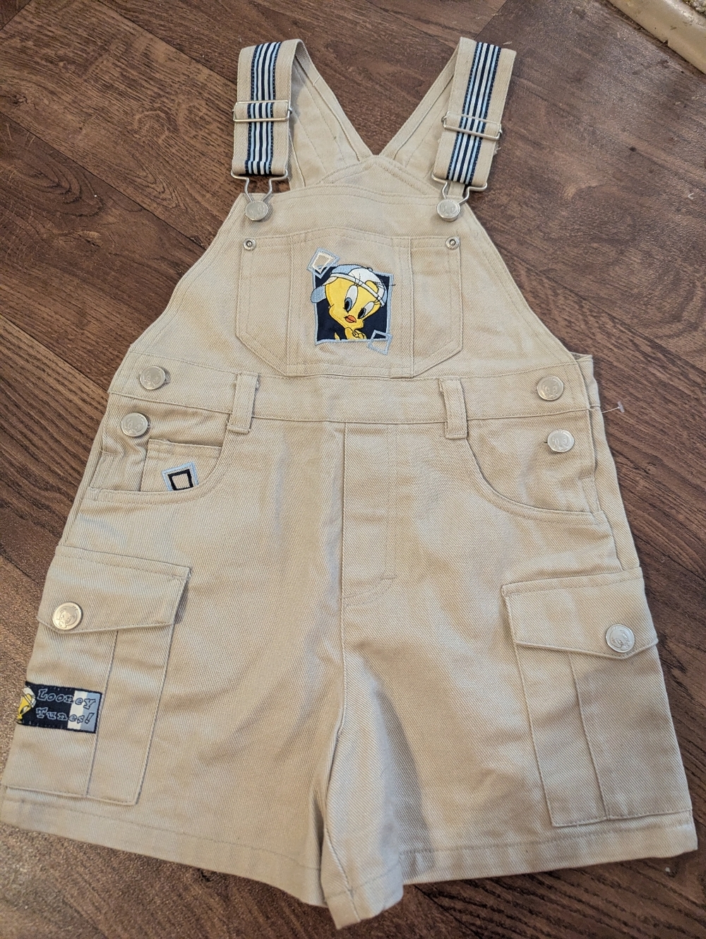 Looney Tunes 1999 Vtg Tweety Bird Overalls Size Xs 4/5 Kids Tan Shorts
